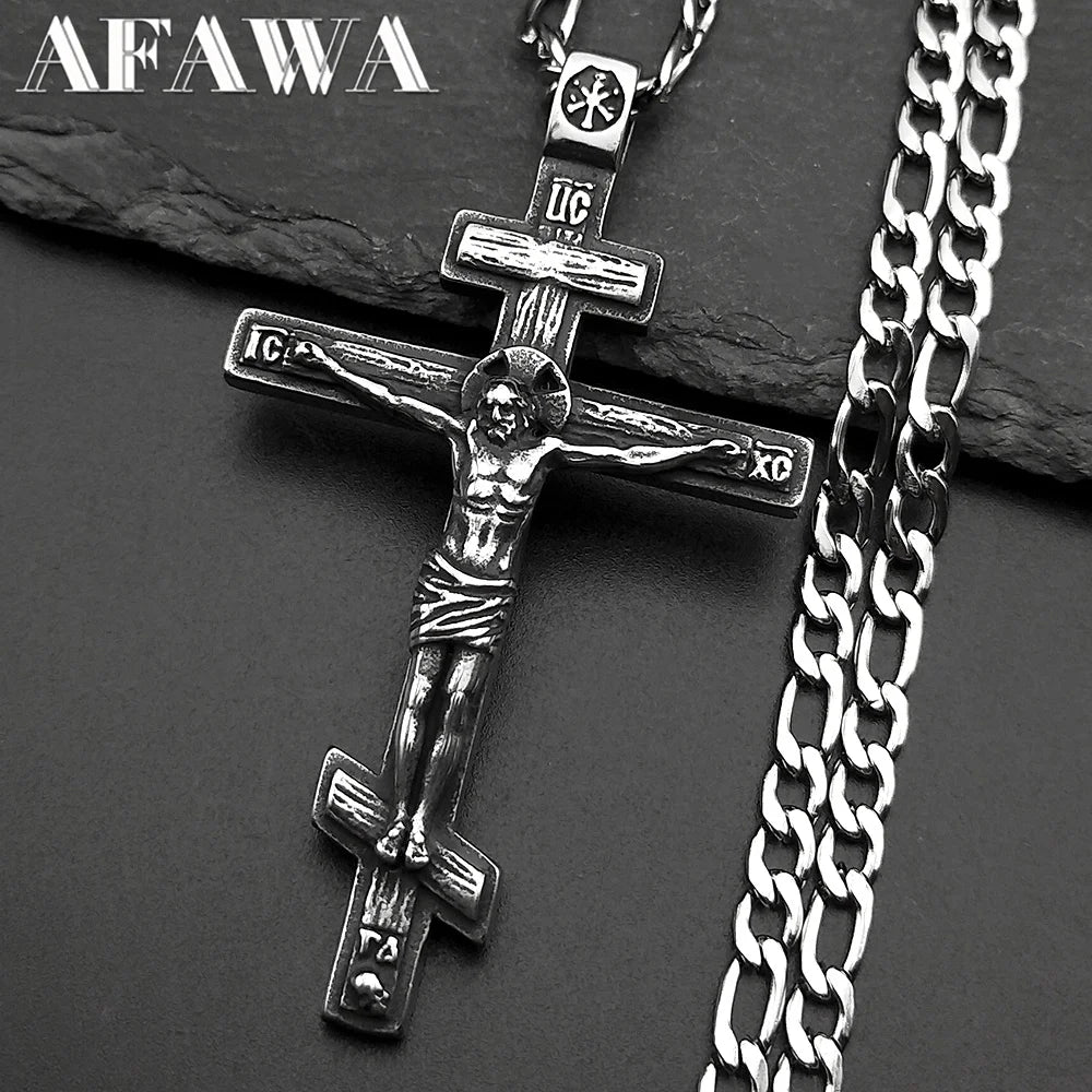 Vintage Orthodox Jesus Cross Pendant Necklace for Women Men Silver Color Stainless Steel Crucifix Baptism Hip Hop Chain Jewelry
