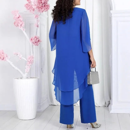 Elegant 2 Pieces Sets Woman's Chiffon Solid Mid-Sleeve Layered ruffled edges Long Top & Straight-leg Trousers Pants Sets Outfits