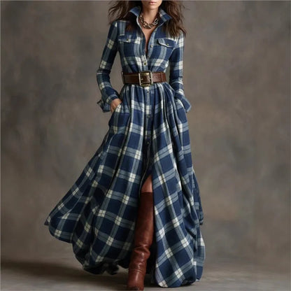 Leisure Grid Printed Long Sleeve Shirts Dress Autumn New Long Sleeve Pocket Dress Elegant Ladies Loose Pleated Commute Dresses