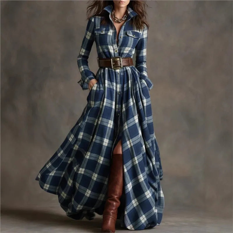 Leisure Grid Printed Long Sleeve Shirts Dress Autumn New Long Sleeve Pocket Dress Elegant Ladies Loose Pleated Commute Dresses