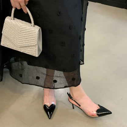 2025 New Pointy Peach Heart Fine Heel Shoes Sexy Pvc Transparent Film Black Patent Leather High Heel Overhead Sandals