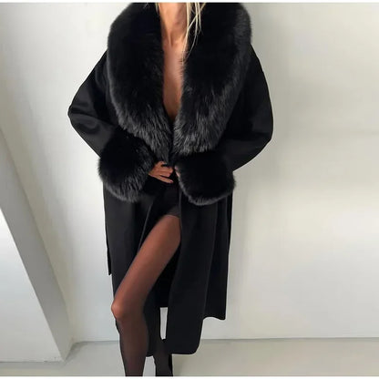 Retro Black Fur Patchwork Woolen Coat Women Chic Full Sleeve V-neck Lace Up Loose Long Overcoat 2025 Lady Winter Commute Outwear