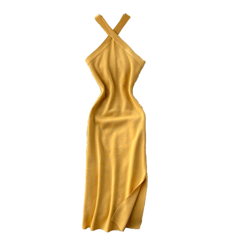 Women's Burgundy Halter Neck Sleeveless Stretchy Knit Bodycon Midi Dress Side Slit Elegant Summer Party Evening Dress Outfits