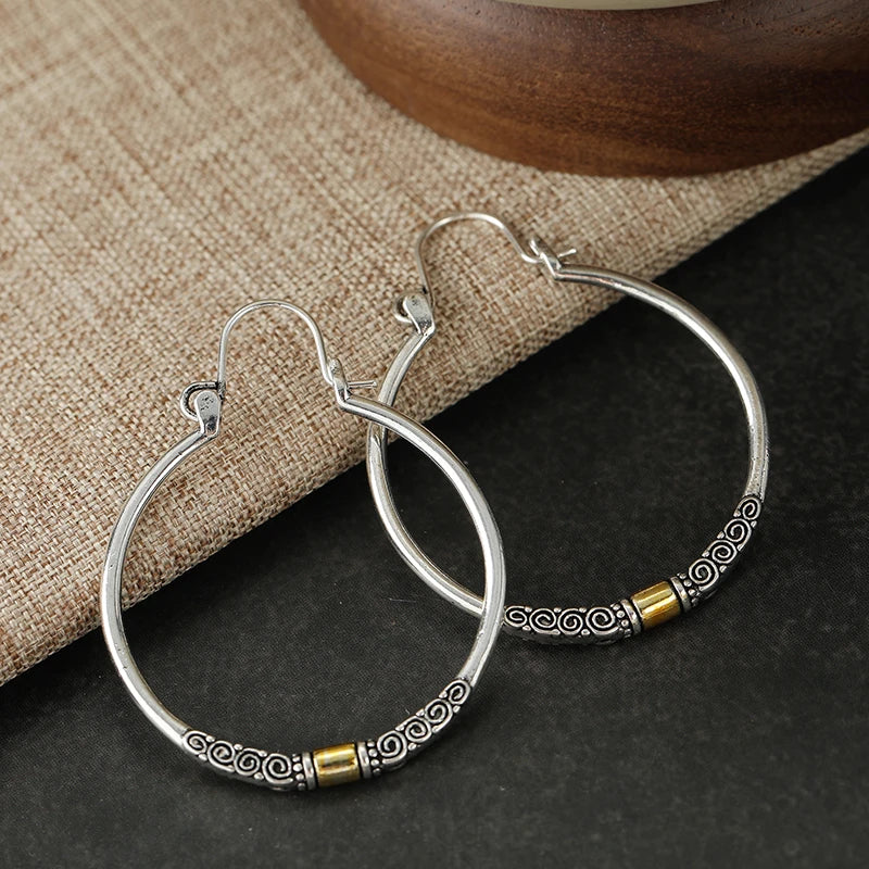 Vintage Exquisite Two-tone Textured Designed Hoop Earrings for Women Bohemian Style Fashion Vacation Banquet Jewelry Accessories