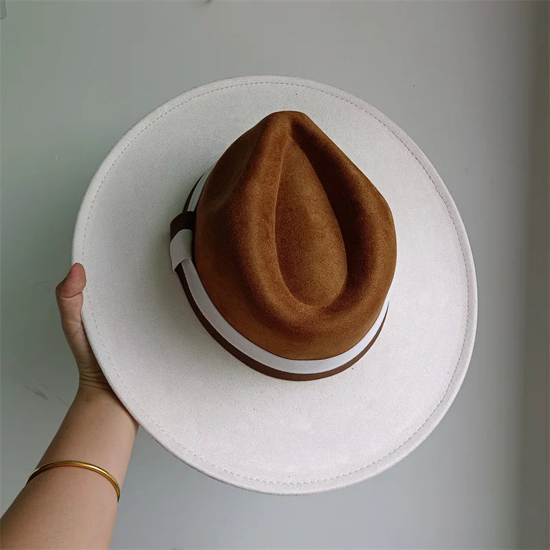 Colorblock Ribbon Colorful Suede Hat Autumn and Winter Women's Felt Hat Wide Brim Hat British Style Retro Men's Gorras Hombre - Kimlud