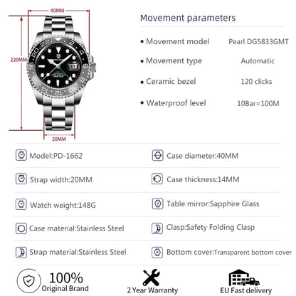 PAGANI DESIGN V4 GMT Watches Men's Luxury Automatic Mechanical Wristwatch Sapphire Glass 40MM Stainless Steel Waterproof Watch