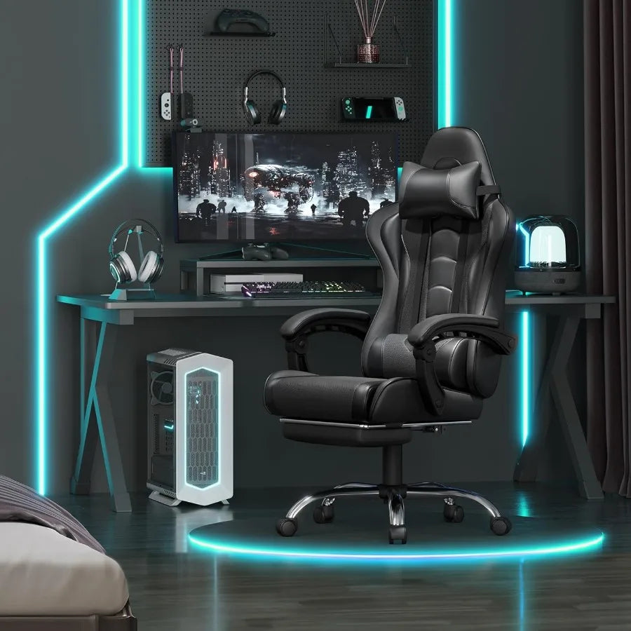 Ergonomic Gaming Chair with Builtin Massage Lumbar Support and Adjustable Footrest for Extended Gaming and Work Sessions Height