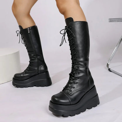 Women's Large Size 35-43 Boots New Round Toe Wedge Lace Thick Sole Zipper Mid-Tube Boots Hot Girl Style High-Enhanced Shoes
