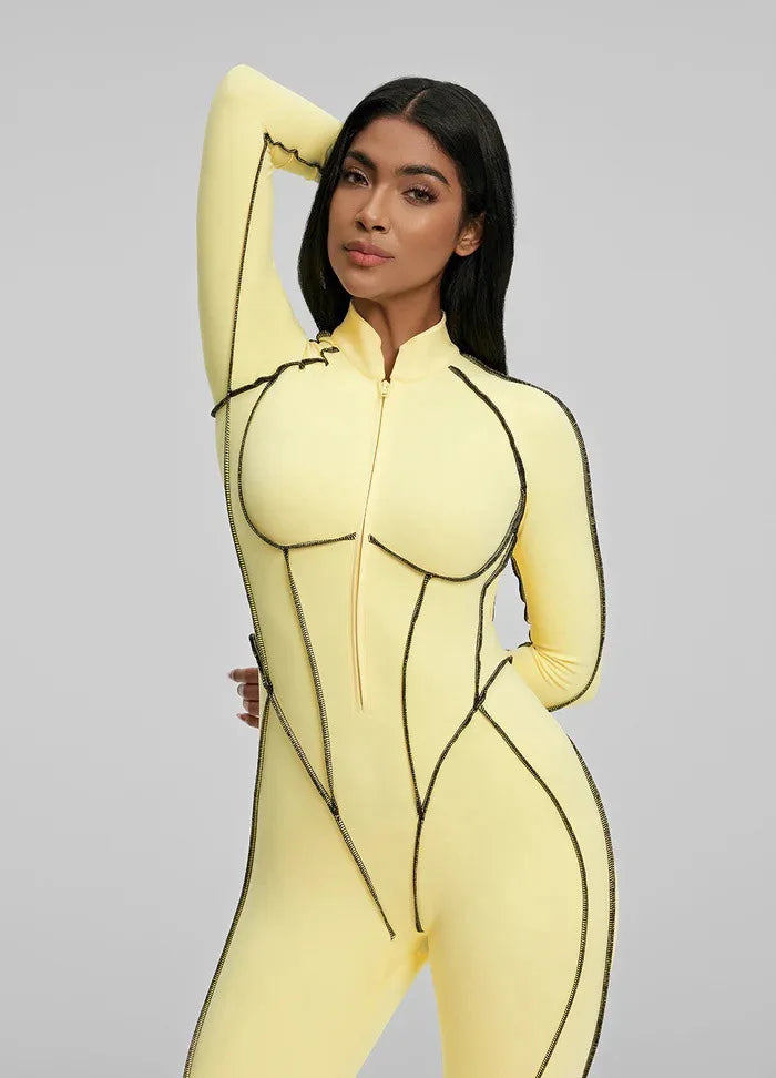 Women's Long Sleeve Zip Front Jumpsuit Chic Open Back with Contrast Stitching Stretchy Fit for Gym Streetwear Activewear Romper - Kimlud