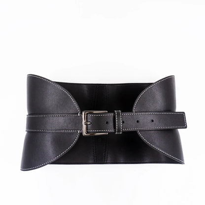 Top-stitched waist seal leather women's wide waistband black pin buckle fashion soft leather dress decorative belt |...