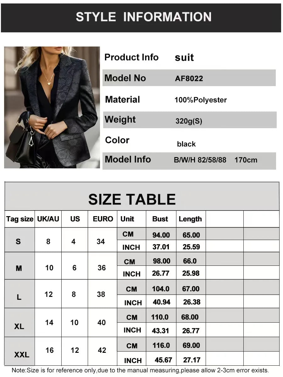 Women printing Jacquard Blazer Slim Fit Long Sleeve Lapel Suit Jacket Casual Formal Office Work Outerwear Black jacket suit Coat