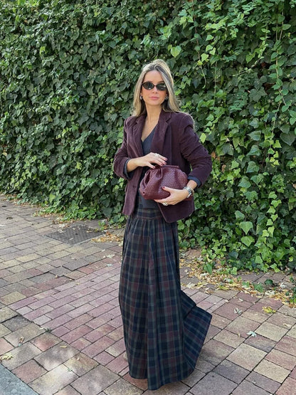 Casual Lace Up Pleated Checkered Set Women Elegant Full Lantern Sleeve Coat Long Skirt Sets Lady Daily Commute Office outfits