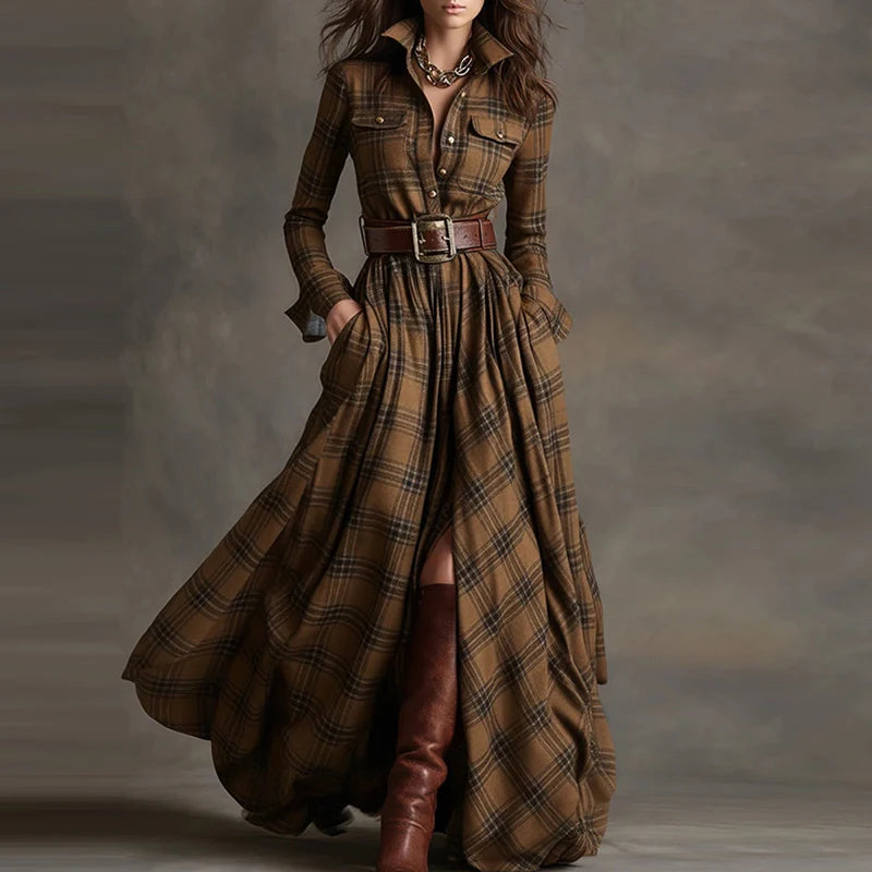 2025 Turn-Down Collar Patchwork Party Dress, Women Spring Autumn Long Sleeve Chic Maxi Dress, Plaid Printed Loose Cardigan Dress