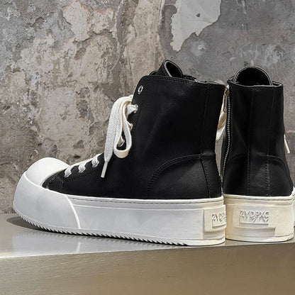 Celebrity Style Black High Top Men Shoes Thick Sole Height Increasing Couple Casual Round Toe High-end Short Boots