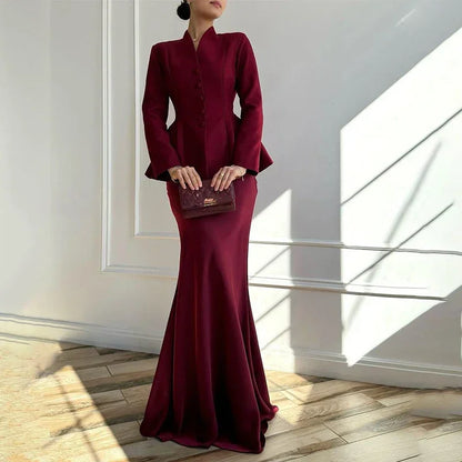 Solid Stand Collar Women Blazer Set Hip Package Slim Lady Long Skirts Sets 2025 Elegant Office Single-breasted Female Coat Suit