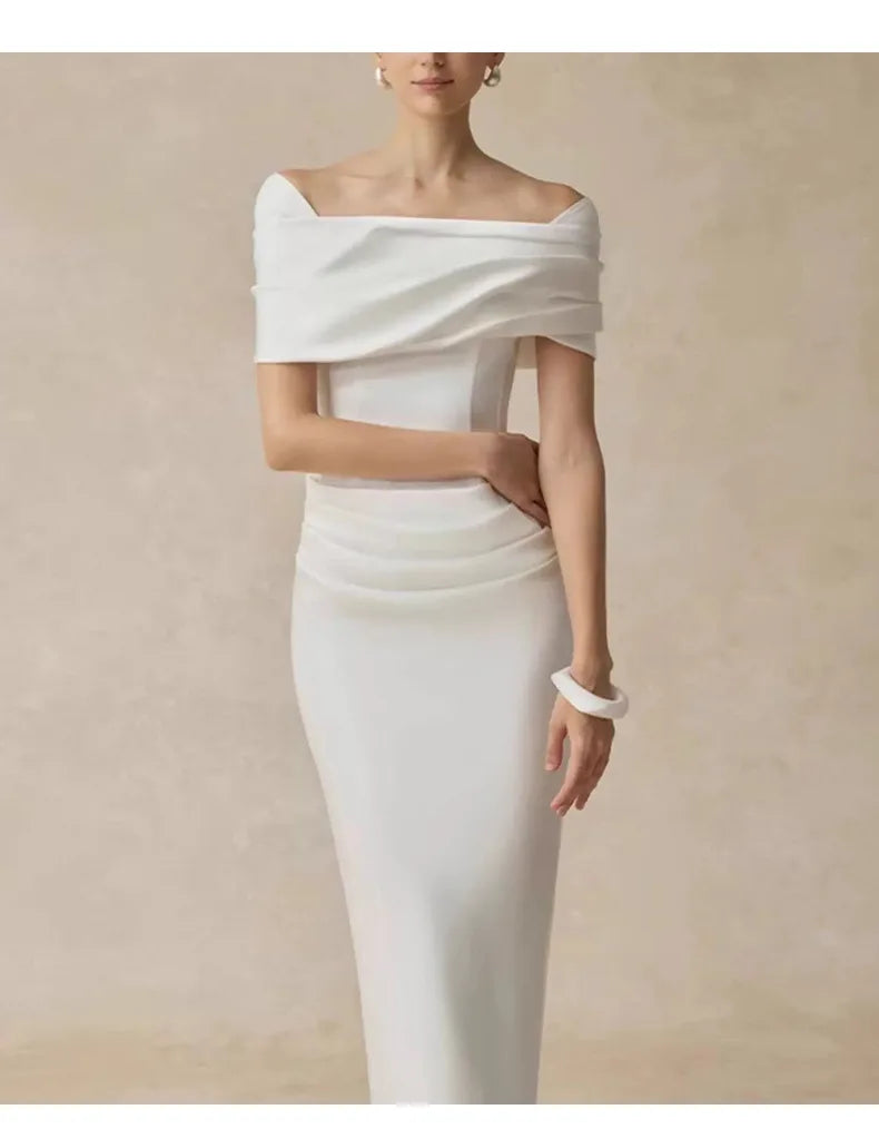 French Elegant Temperament Off-shoulder Short Sleeves High Waist Bodycon White Evening Party Long Dress for Women 2026...