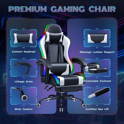 Illuminated RGB Gaming Chair with Footrest, Massage, Lumbar Support, and High-Back Recline (White LED)