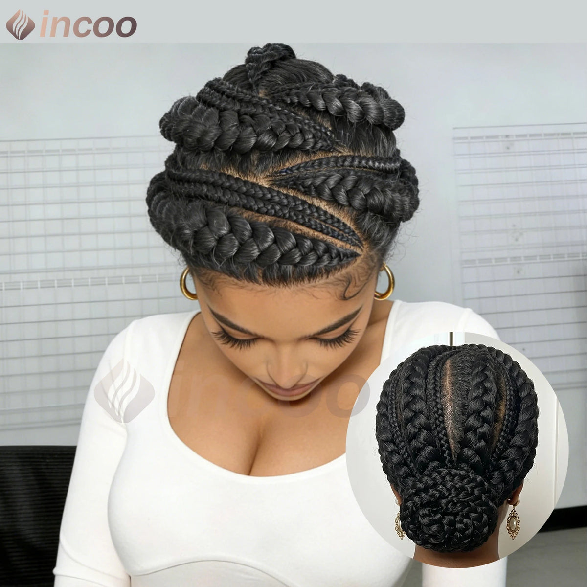 Short Cornnrow Braid Wigs Buns Glueless For Black Women Synthetic HD Full Lace Wig Neat Braids Wig African Protective...