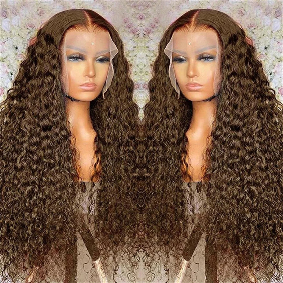 Chocolate Brown Deep Wave Lace Front Human Hair Wigs Transparent 13x4/13x6 Deep Curly Pre Plucked Human Hair Lace Frontal Wigs