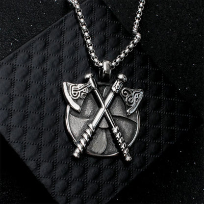 Retro Viking Double Axe Pendant Necklace For Women Men Silver Color Stainless Steel Box Chain Hip Hop Rock Neck Jewelry Gifts