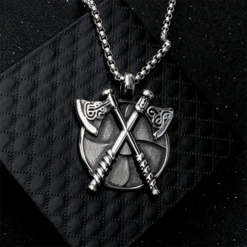 Retro Viking Double Axe Pendant Necklace For Women Men Silver Color Stainless Steel Box Chain Hip Hop Rock Neck Jewelry Gifts
