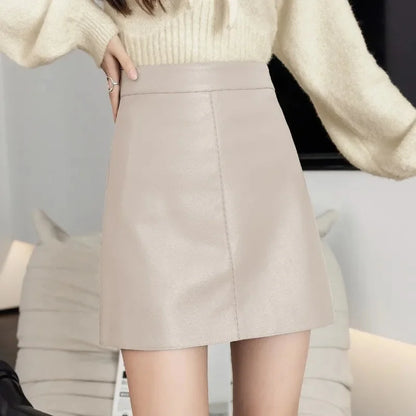 Fall Winter Brown PU Leather Mini Skirt Women's Tight Fit High Waist Biker Style Half Body Skirt Zipper Decoration