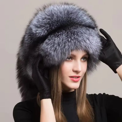 Natural Fox Fur Russian Hat Ushanka Women Winter Warm Fluffy Popular Style Female Tail Cap Fashion Real Fur Hats
