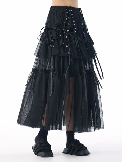 [EAM] High Elastic Waist Coffee Mesh Perspective Ribbon Strap Half-body Skirt Women Fashion Tide New Spring Autumn 2026 1DJ5044