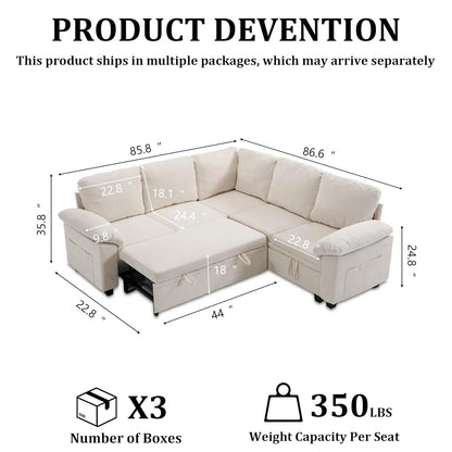 108in L-Shaped Sleeper Sectional Sofa Bed with Storage, Chenille, 5-Seat Modular for Living Room Apartment, Customized |...