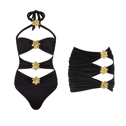 2025 Hot Sale Flower Women One Piece Swimsuit With Skirt Sexy Cut Out Swimwear Mujer Monikini Bathing Suit Lady Beach Suit