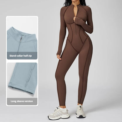 Yoga Bodysuit Long Sleeved Women's Tracksuits Gym Zipper Jumpsuits Sports Workout High-intensity Fitness One-piece Tights Suit - Kimlud