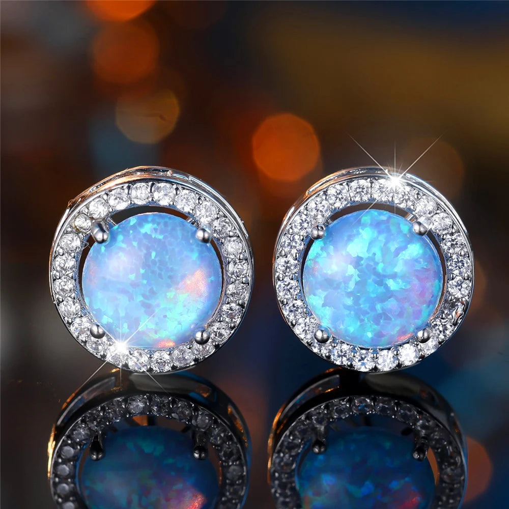 Cute Female Crystal White Blue Opal Round Stone Stud Earrings Silver Color Wedding Jewelry For Women | Kimlud Mid Range...