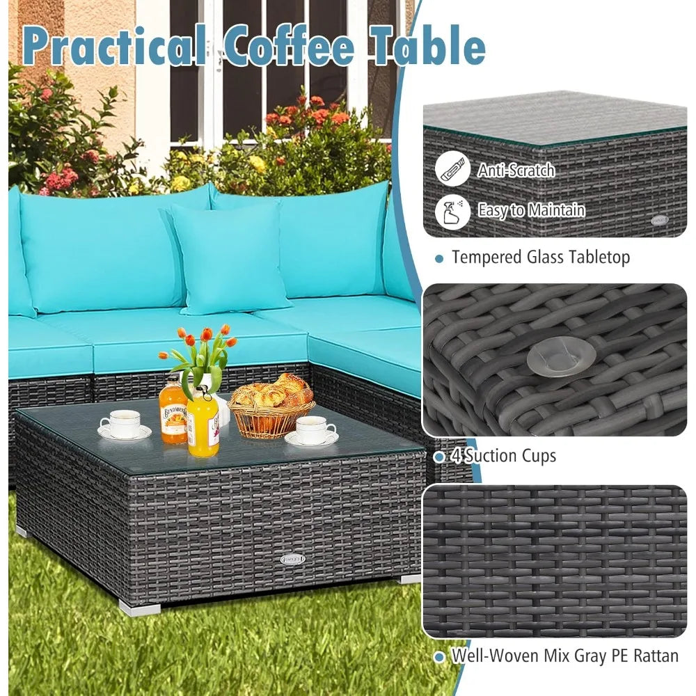 7 Pieces Patio Furniture Set, Patiojoy All-Weather Outdoor Rattan Sectional Sofa Set with Cushions and Tempered Glass Coffee Ta - Kimlud