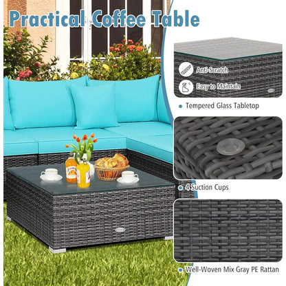 7 Pieces Patio Furniture Set, Patiojoy All-Weather Outdoor Rattan Sectional Sofa Set with Cushions and Tempered Glass Coffee Ta - Kimlud