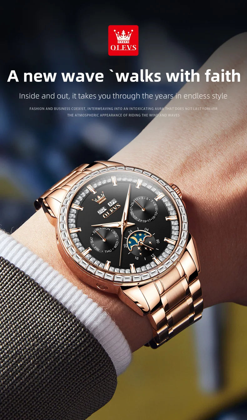 OLEVS 6695 Automatic Mechanical Men's Watches Luxury Brand Original Diamond Bezel Moon Phase Perpetual Calendar Man...