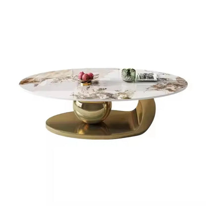 Gold oval coffee table set, sintered stone and marble living room furniture coffee table - Kimlud