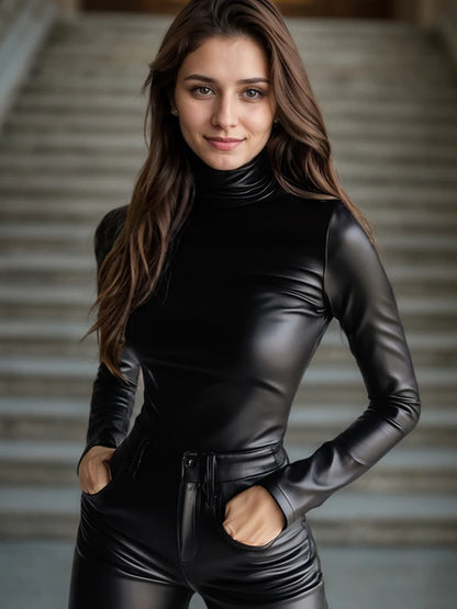Women PU Leather T shirt Turtleneck Long Sleeve Skinny Solid High Street Gothic Casual Tee Tops 2025 Solid Streetwear Tops