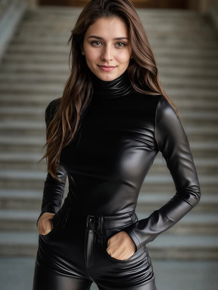 Women PU Leather T shirt Turtleneck Long Sleeve Skinny Solid High Street Gothic Casual Tee Tops 2025 Solid Streetwear Tops