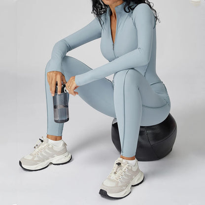 Women Yoga Bodysuit Long Sleeved Tracksuits Gym Zipper Jumpsuits Sports One Piece Workout Bodycon Jumpsuits Tights Suit - Kimlud