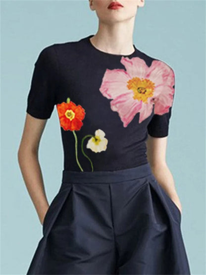 Yeezzi 2025 New Women's Fashion Elegant Floral Printed T-Shirts Summer Short Sleeves Round-Neck Skinny Urban Casual Korean Tops