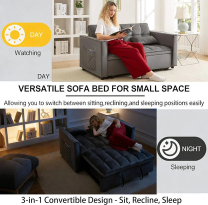 70" Velvet Sleeper Sofa Bed, Adjustable Back & Storage, Modern Black Futon for Small Spaces - Kimlud