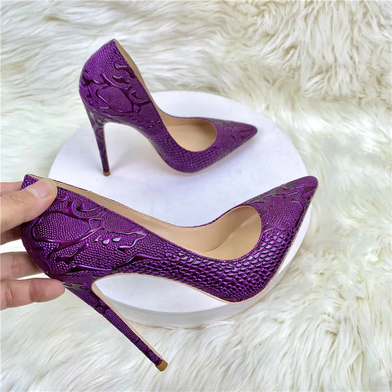Luxury purple woman high heeled shoes shallow mouth pointed toe slip on unique shoes four season all game pattern snakes shoes - Kimlud