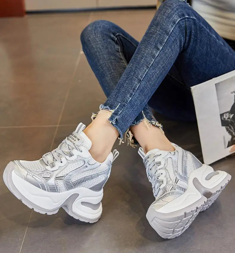 2025 12cm Synthetic Air Mesh Genuine Leather Vulcanize Chunky Sneakers Summer Autumn Leisure Spring Women Platform Wedge Pumps - Kimlud