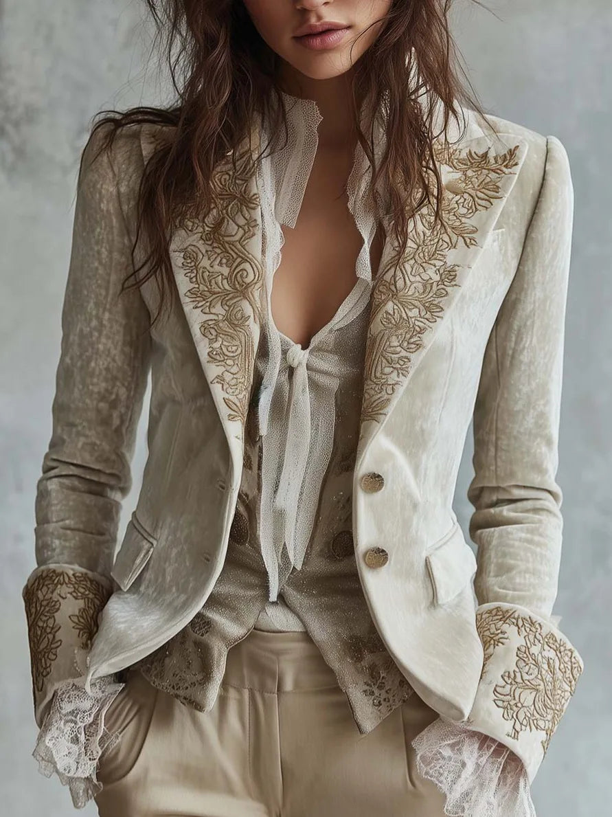 Gold Velvet Long Sleeve Suit with Pockets for Women Floral Print Bell Sleeve Street Style Casual Set No Taggings Universal Fit