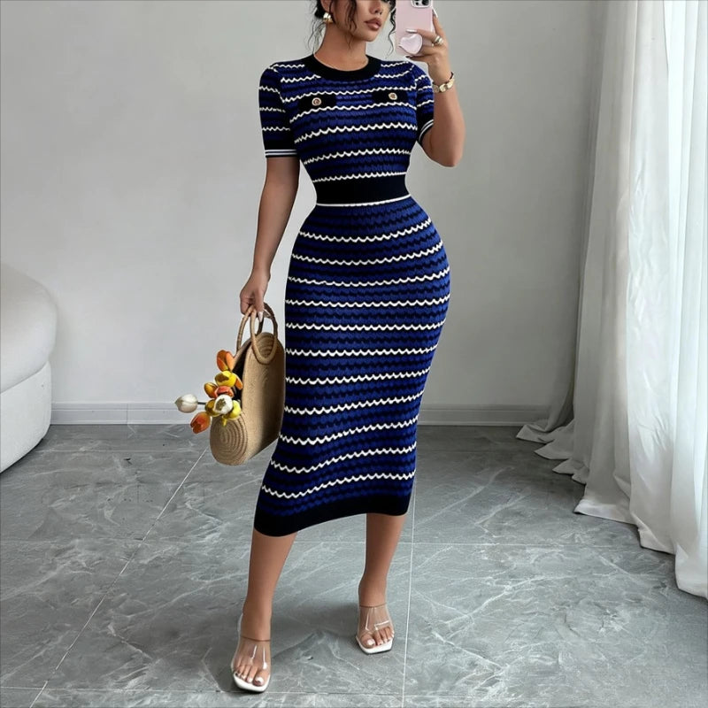Women's Blue Geometric Striped Crew Neck Sundress Short Sleeve Stretchy Ribbed Knit Bodycon Long Dress Summer Party Maxi...