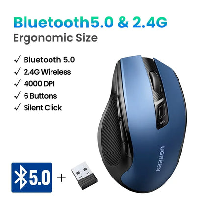 UGREEN Wireless Mouse Bluetooth5.0 Mouse Ergonomic 4000DPI 6 Mute Buttons Mouse For MacBook Tablet Laptops Computer PC 2.4G Mice - Kimlud