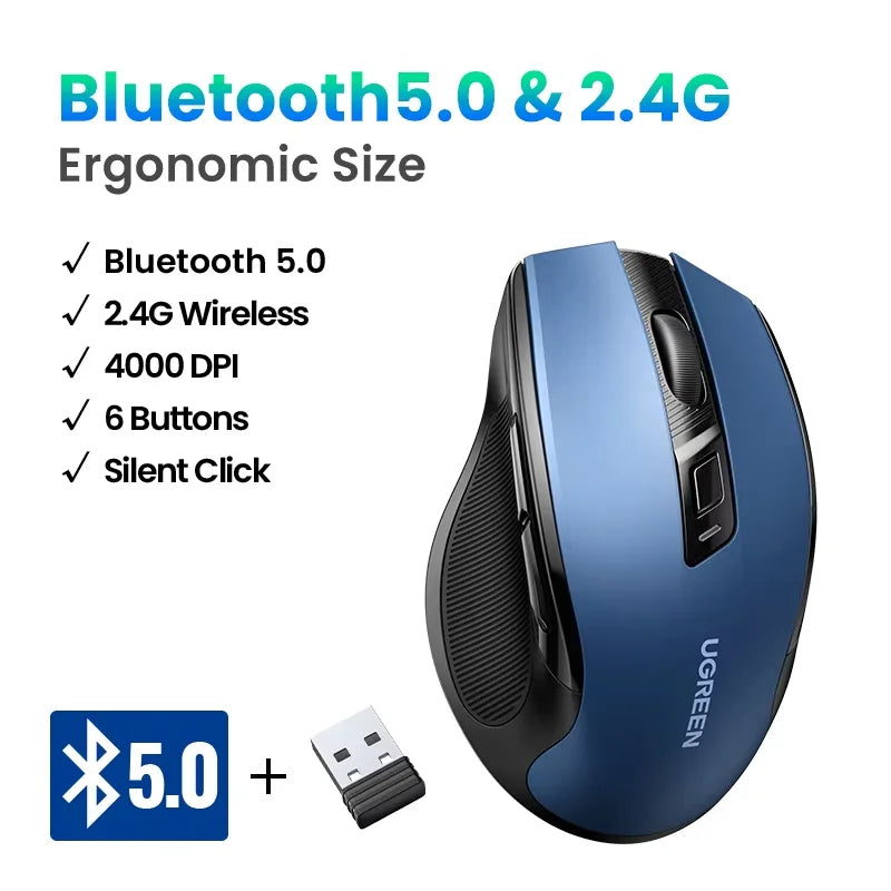 UGREEN Wireless Mouse Bluetooth5.0 Mouse Ergonomic 4000DPI 6 Mute Buttons Mouse For MacBook Tablet Laptops Computer PC 2.4G Mice - Kimlud