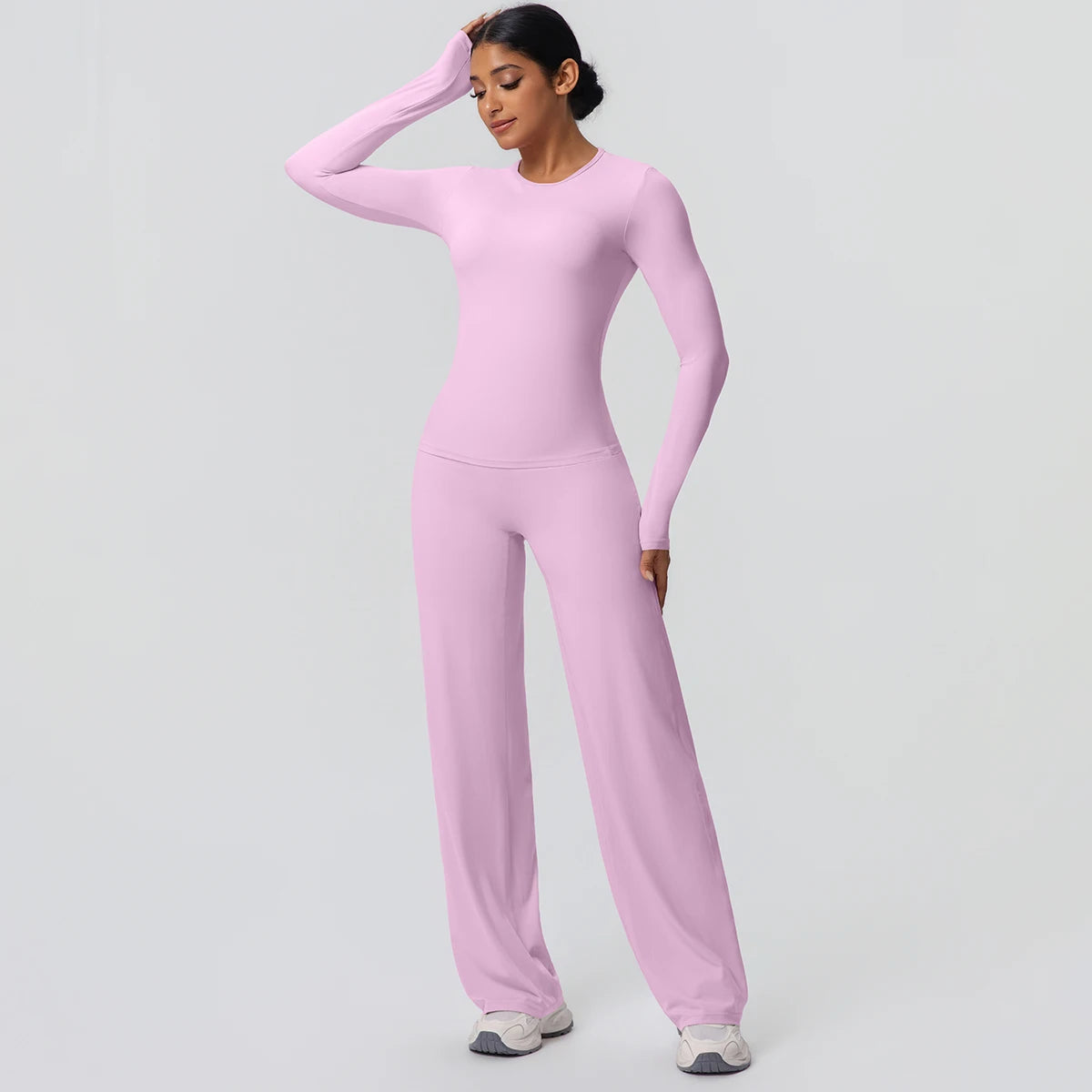 2pieces Women Gym Yoga Set Running Shirts Slim Long Sleeves Workout Top Quick Drying High Stretch Wide Leg Pants Thin Yoga Set