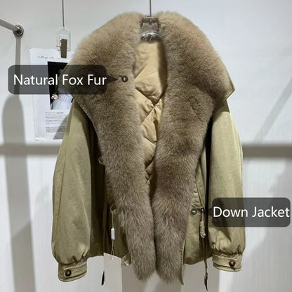 Women's Winter Down Jacket With Shawl Collar Short Real Fox Fur Puffer Jacket Genuine Fox Fur Coat Fashion Furry Jacket - Kimlud