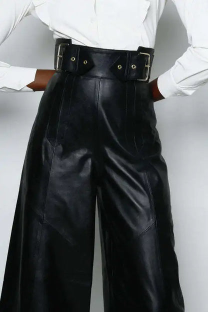 CM.YAYA Women Fashion Faux Leather High Waist Wide Leg Loose Pants Sashes Zipper 2025 Spring Party Casual Street PU Trousers